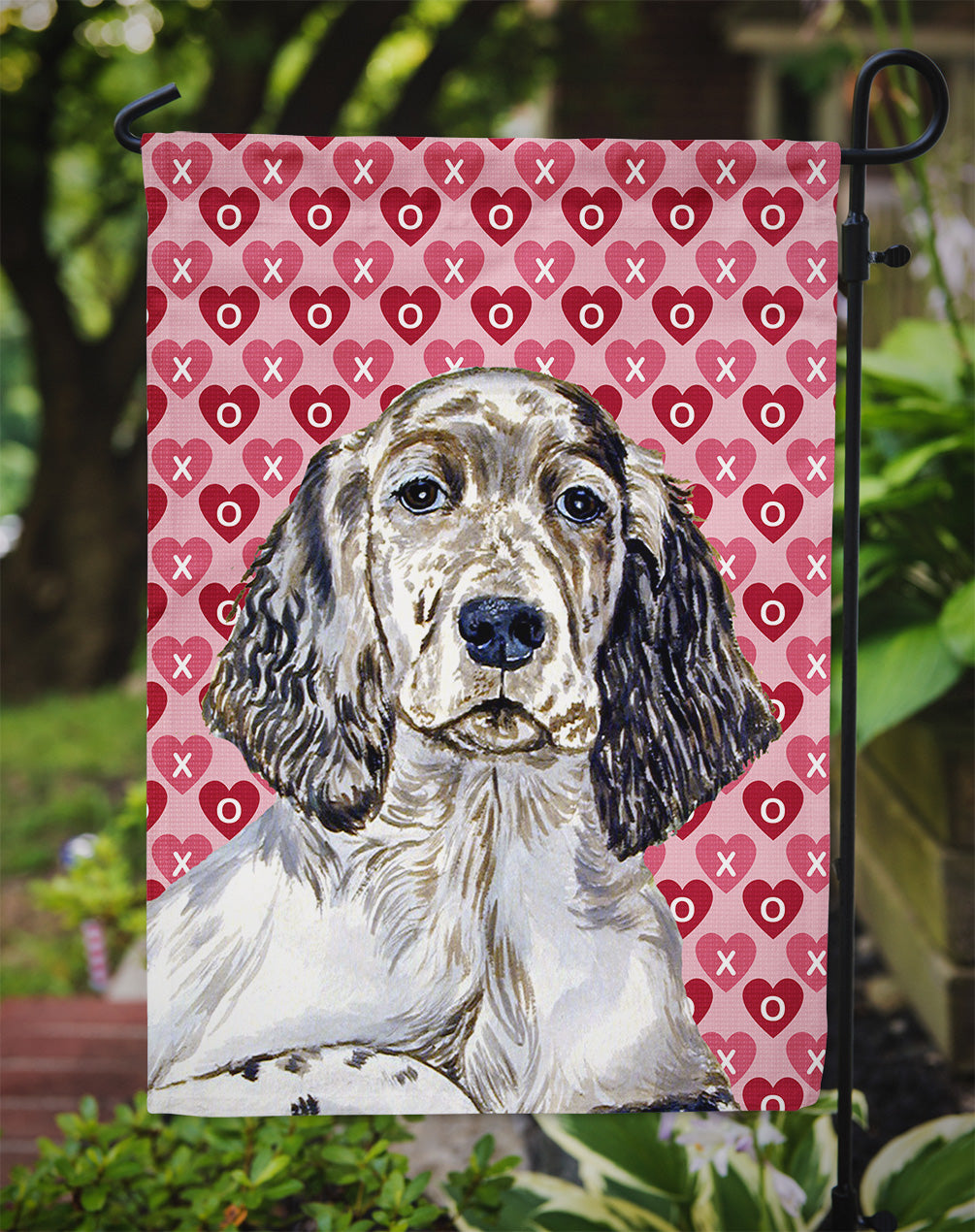 English Setter Hearts Love and Valentine's Day Portrait Flag Garden Size