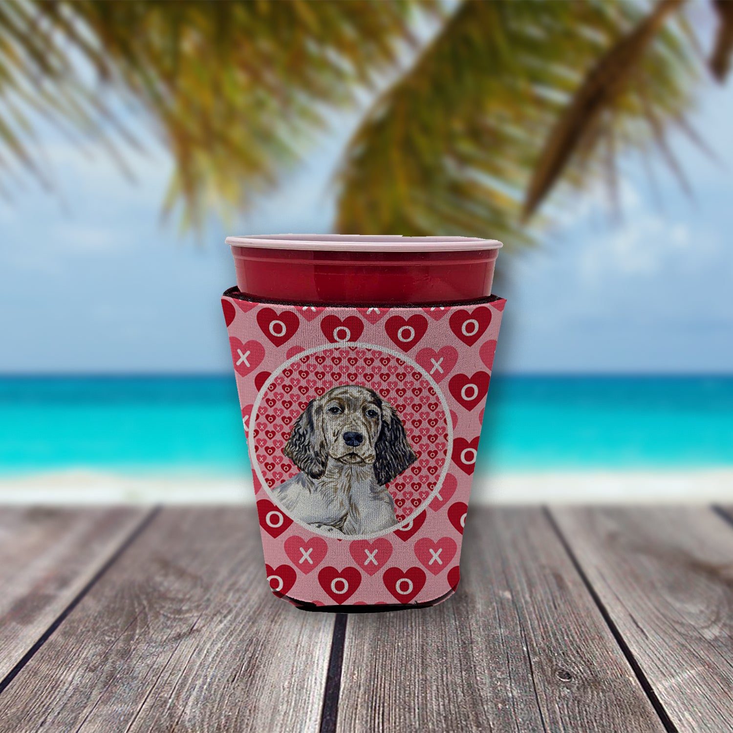 English Setter Valentine's Love and Hearts Red Cup Beverage Insulator Hugger  the-store.com.