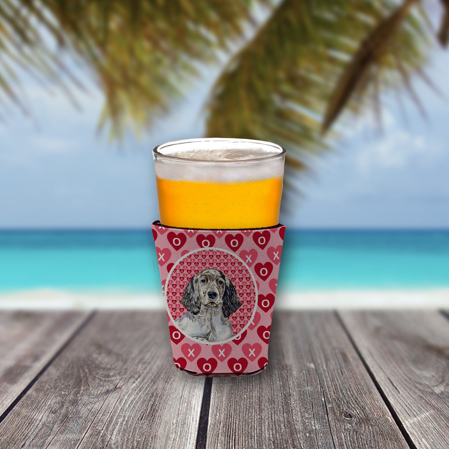 English Setter Valentine's Love and Hearts Red Cup Beverage Insulator Hugger