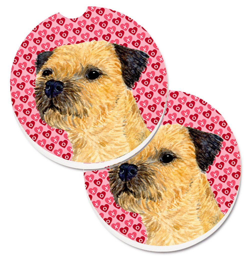 Border Terrier Hearts Love and Valentine&#39;s Day Portrait Set of 2 Cup Holder Car Coasters LH9143CARC by Caroline&#39;s Treasures