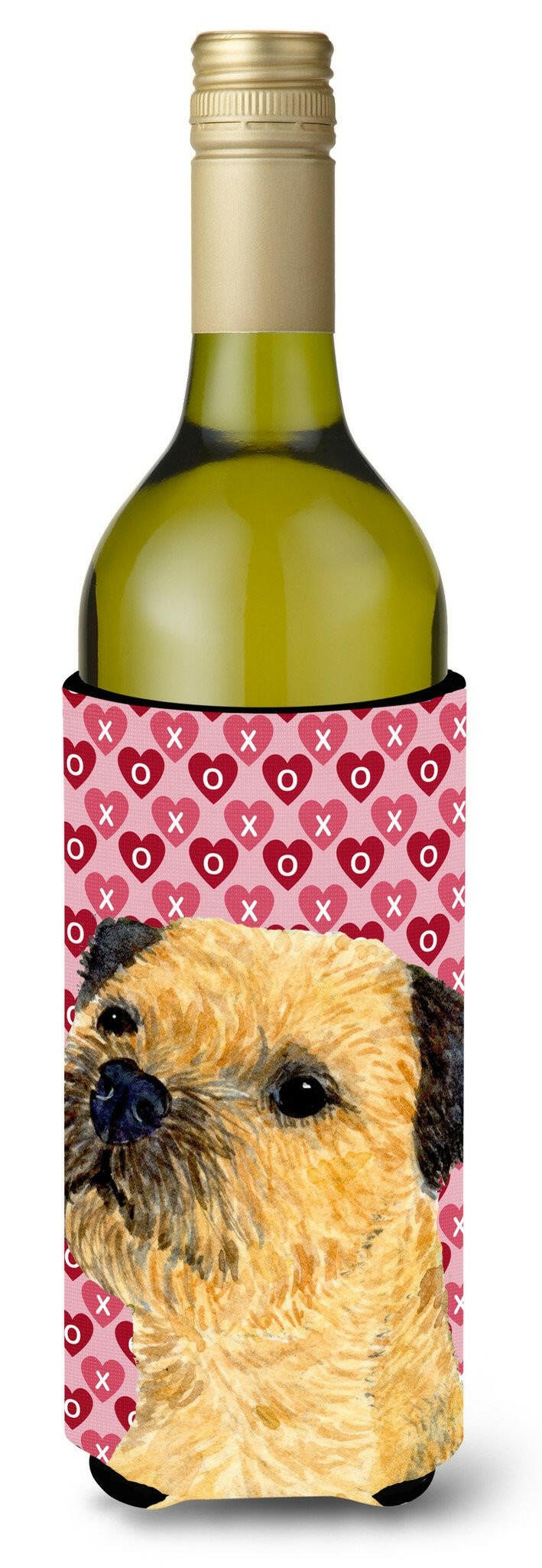 Border Terrier Hearts Love Valentine&#39;s Day Portrait Wine Bottle Beverage Insulator Beverage Insulator Hugger by Caroline&#39;s Treasures