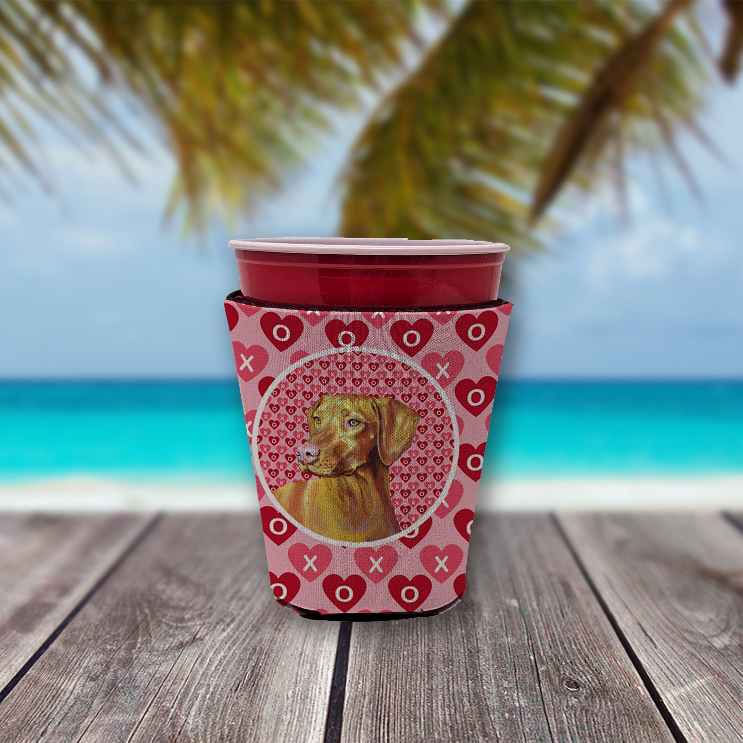 Vizsla Valentine's Love and Hearts Red Cup Beverage Insulator Hugger