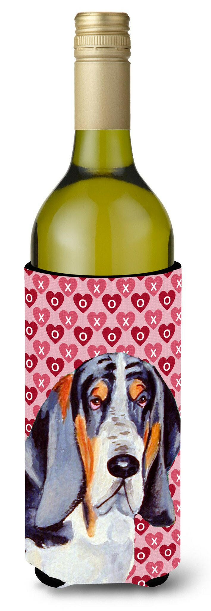 Basset Hound Hearts Love and Valentine&#39;s Day Portrait Wine Bottle Beverage Insulator Beverage Insulator Hugger by Caroline&#39;s Treasures