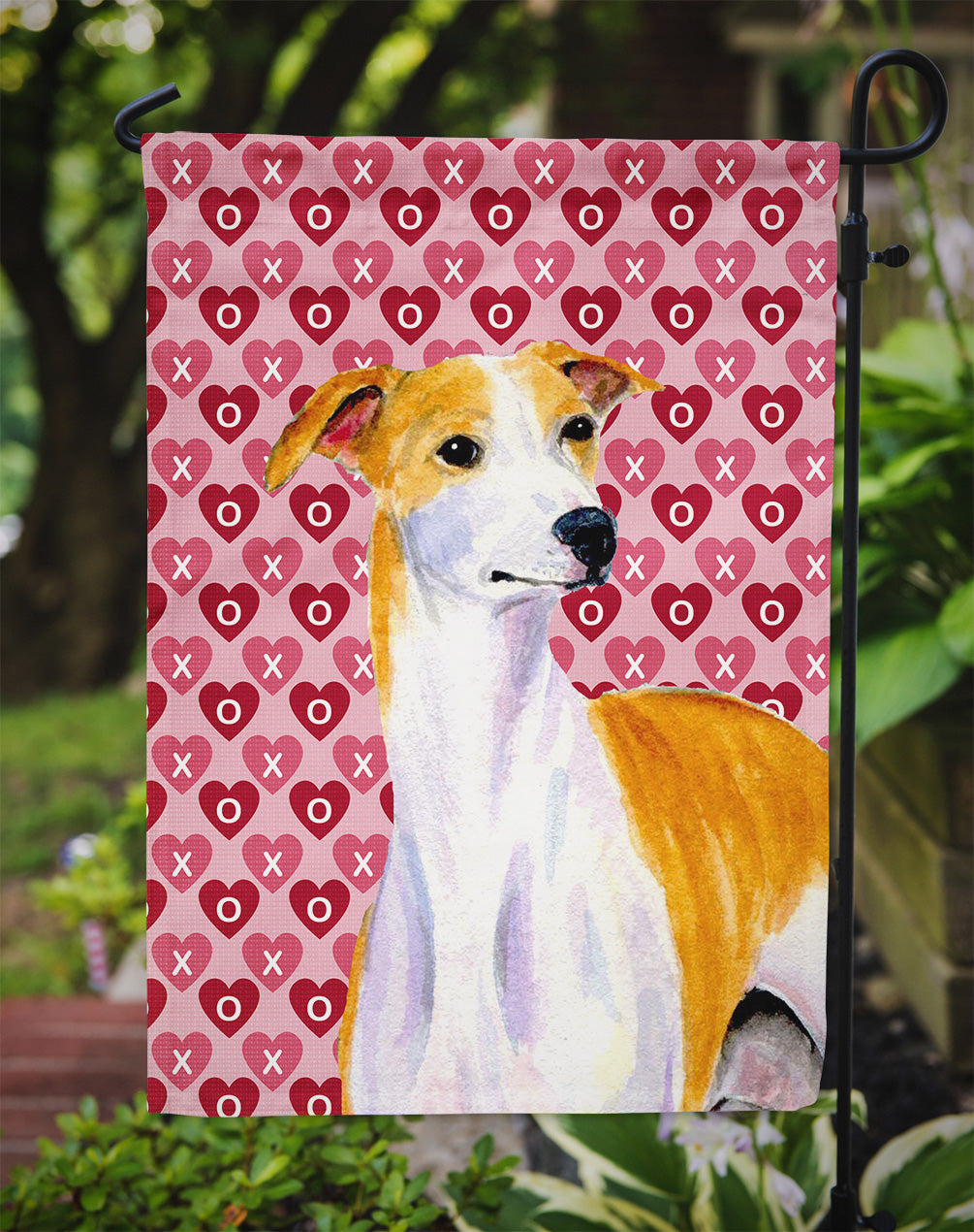 Whippet Hearts Love and Valentine's Day Portrait Flag Garden Size.