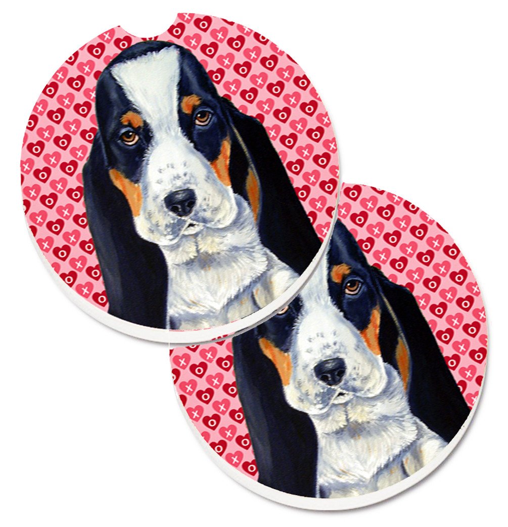Basset Hound Hearts Love and Valentine&#39;s Day Portrait Set of 2 Cup Holder Car Coasters LH9149CARC by Caroline&#39;s Treasures