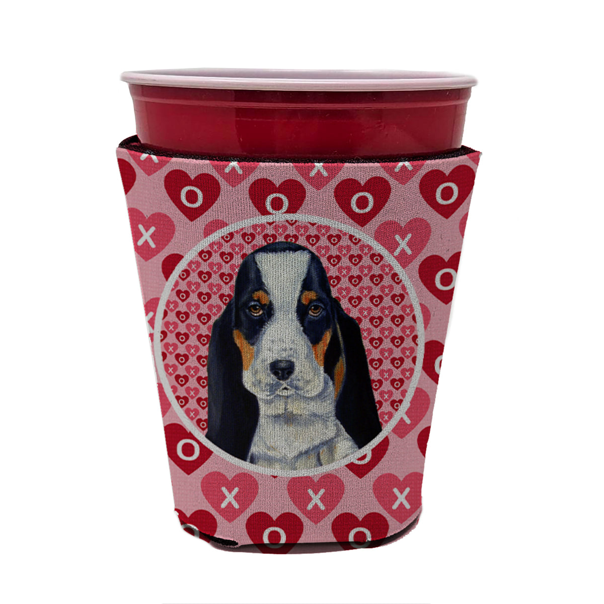 Basset Hound Valentine&#39;s Love and Hearts Red Cup Beverage Insulator Hugger