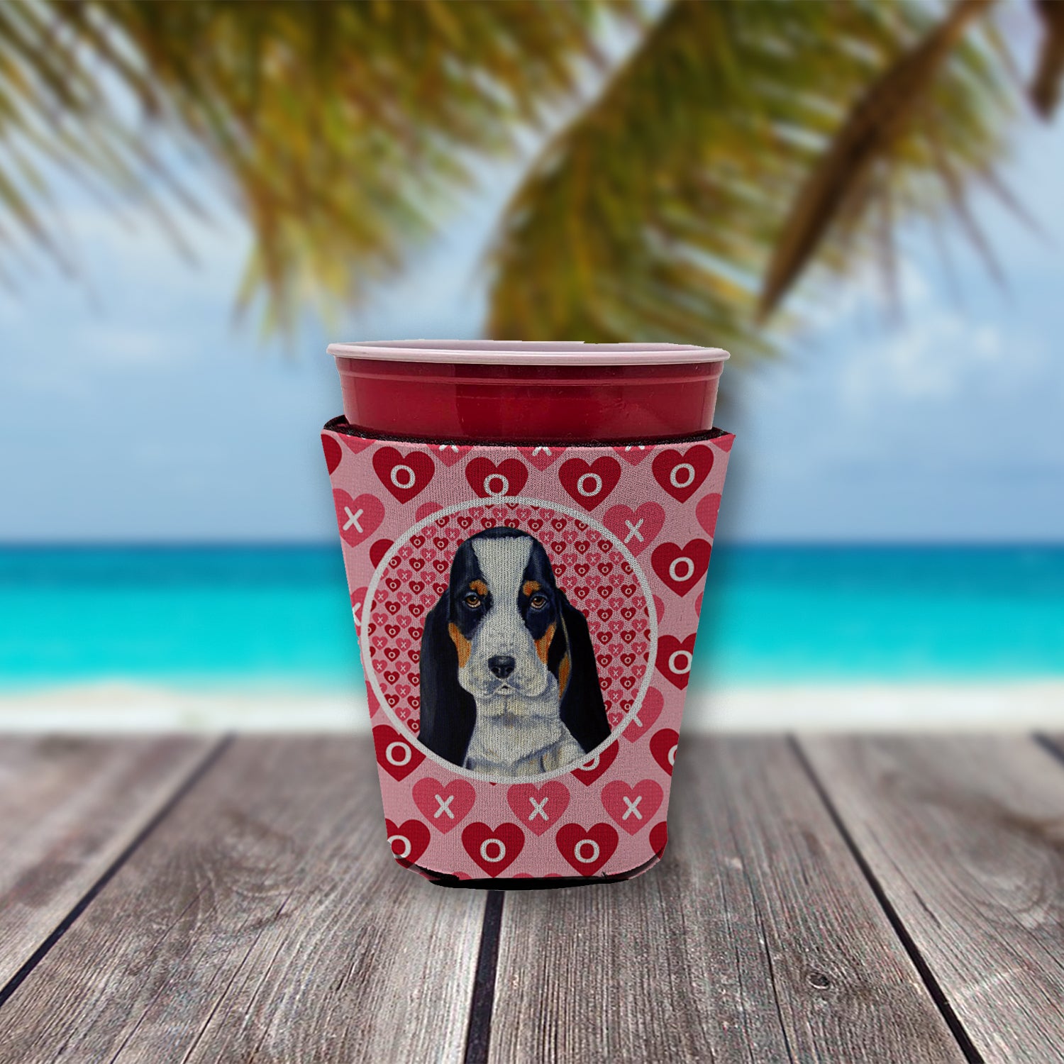 Basset Hound Valentine's Love and Hearts Red Cup Beverage Insulator Hugger