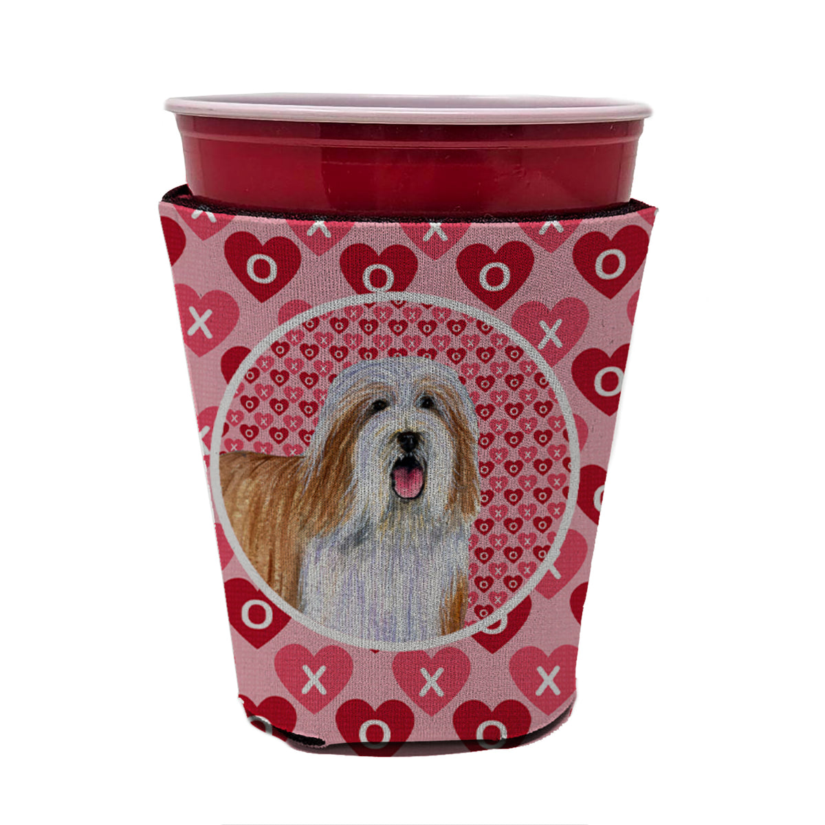 Bearded Collie Valentine&#39;s Love and Hearts Red Cup Beverage Insulator Hugger