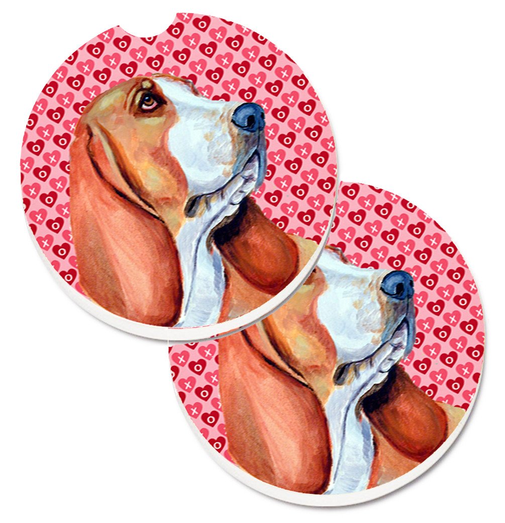 Basset Hound Hearts Love and Valentine&#39;s Day Portrait Set of 2 Cup Holder Car Coasters LH9152CARC by Caroline&#39;s Treasures