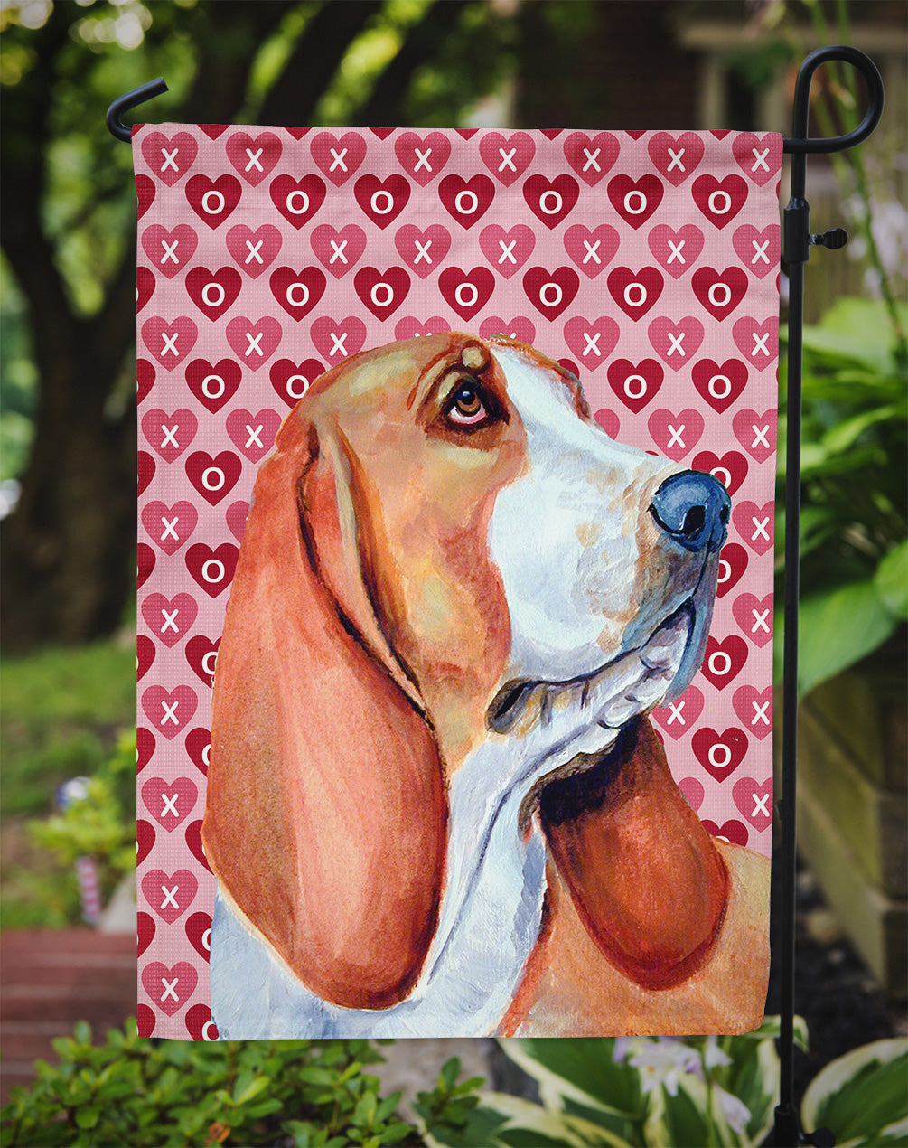 Basset Hound Hearts Love and Valentine's Day Portrait Flag Garden Size