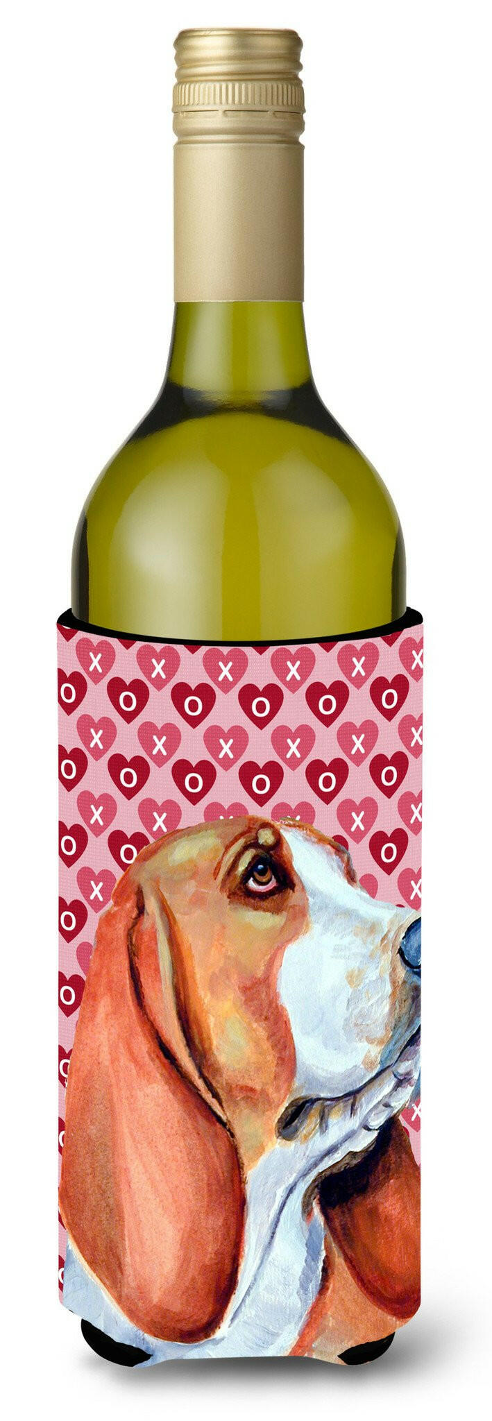 Basset Hound Hearts Love  Valentine&#39;s Day Portrait Wine Bottle Beverage Insulator Beverage Insulator Hugger by Caroline&#39;s Treasures
