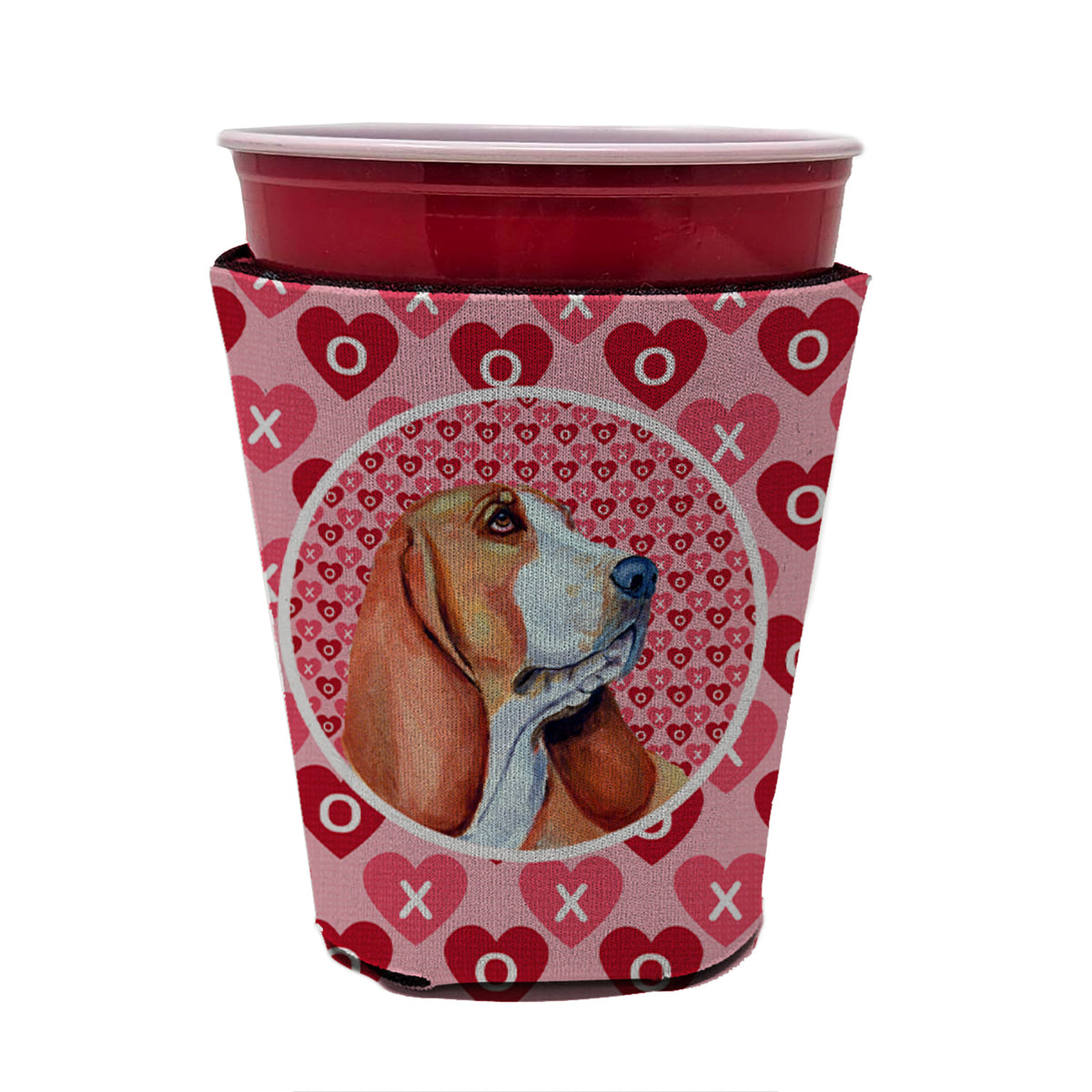 Basset Hound Valentine&#39;s Love and Hearts Red Cup Beverage Insulator Hugger  the-store.com.
