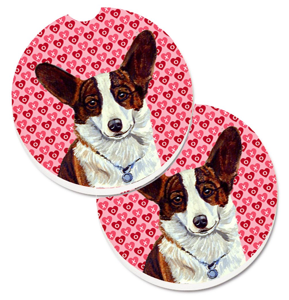 Corgi Hearts Love and Valentine&#39;s Day Portrait Set of 2 Cup Holder Car Coasters LH9153CARC by Caroline&#39;s Treasures