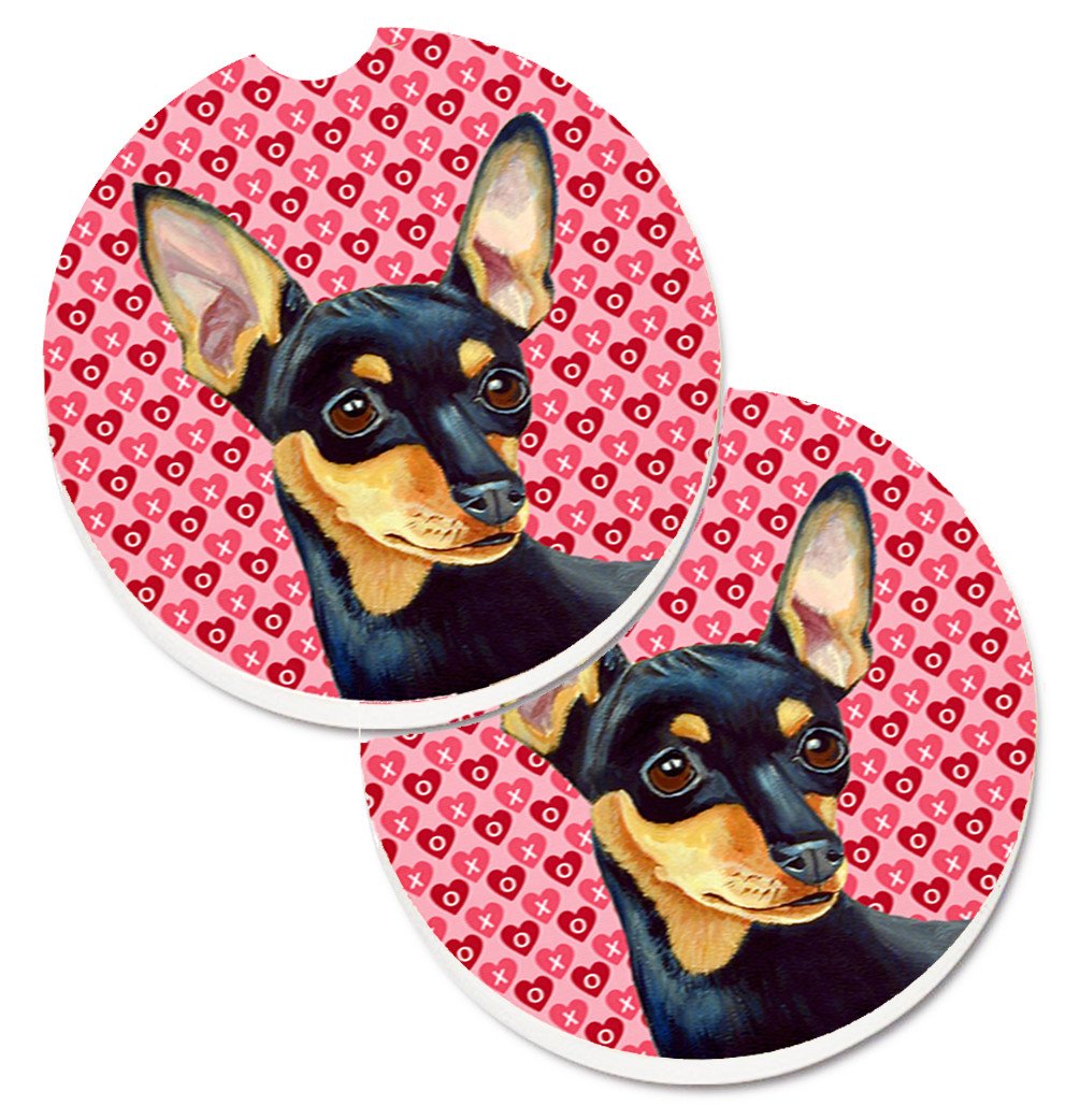 Min Pin Hearts Love and Valentine&#39;s Day Portrait Set of 2 Cup Holder Car Coasters LH9155CARC by Caroline&#39;s Treasures
