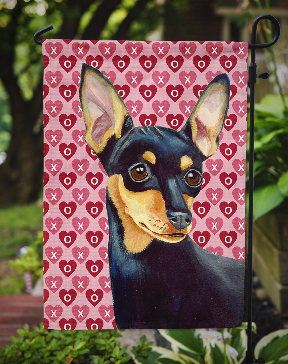 Min Pin Hearts Love and Valentine's Day Portrait Flag Garden Size.