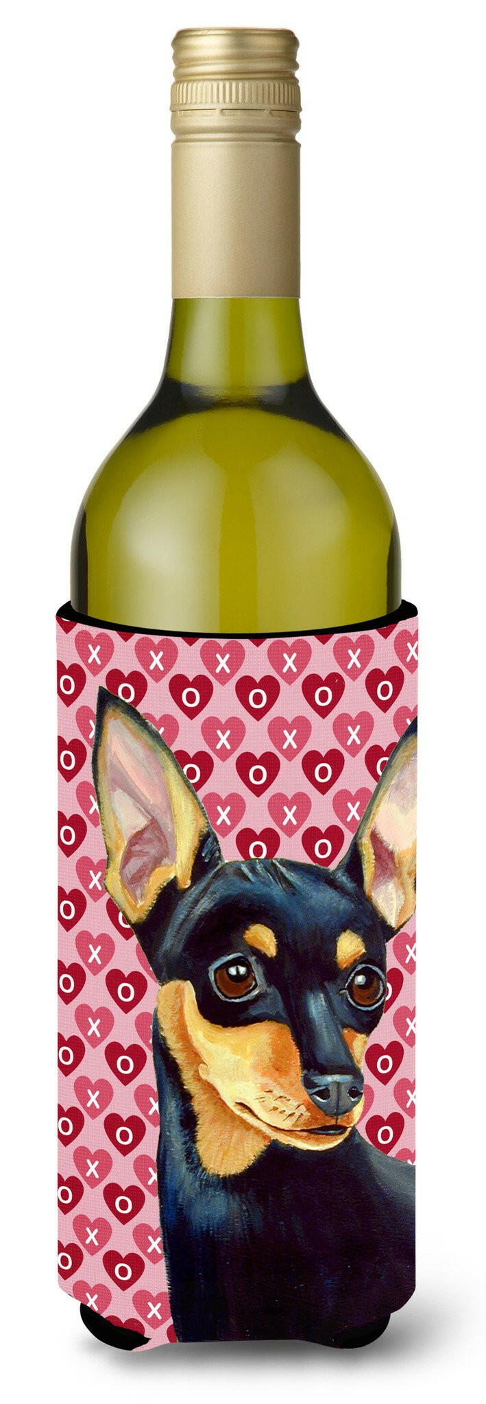 Min Pin Hearts Love and Valentine&#39;s Day Portrait Wine Bottle Beverage Insulator Beverage Insulator Hugger by Caroline&#39;s Treasures