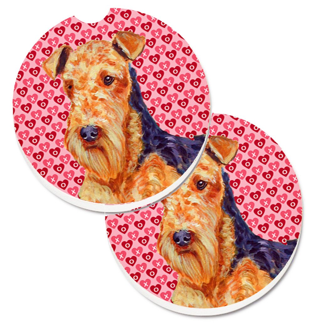 Airedale Hearts Love and Valentine&#39;s Day Portrait Set of 2 Cup Holder Car Coasters LH9156CARC by Caroline&#39;s Treasures