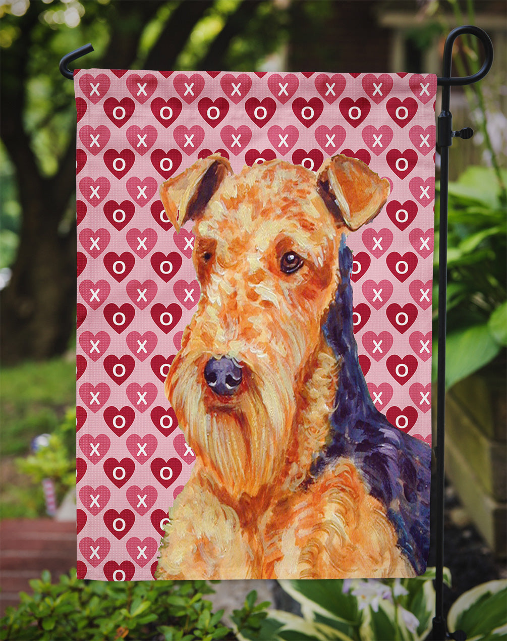Airedale Hearts Love and Valentine's Day Portrait Flag Garden Size.