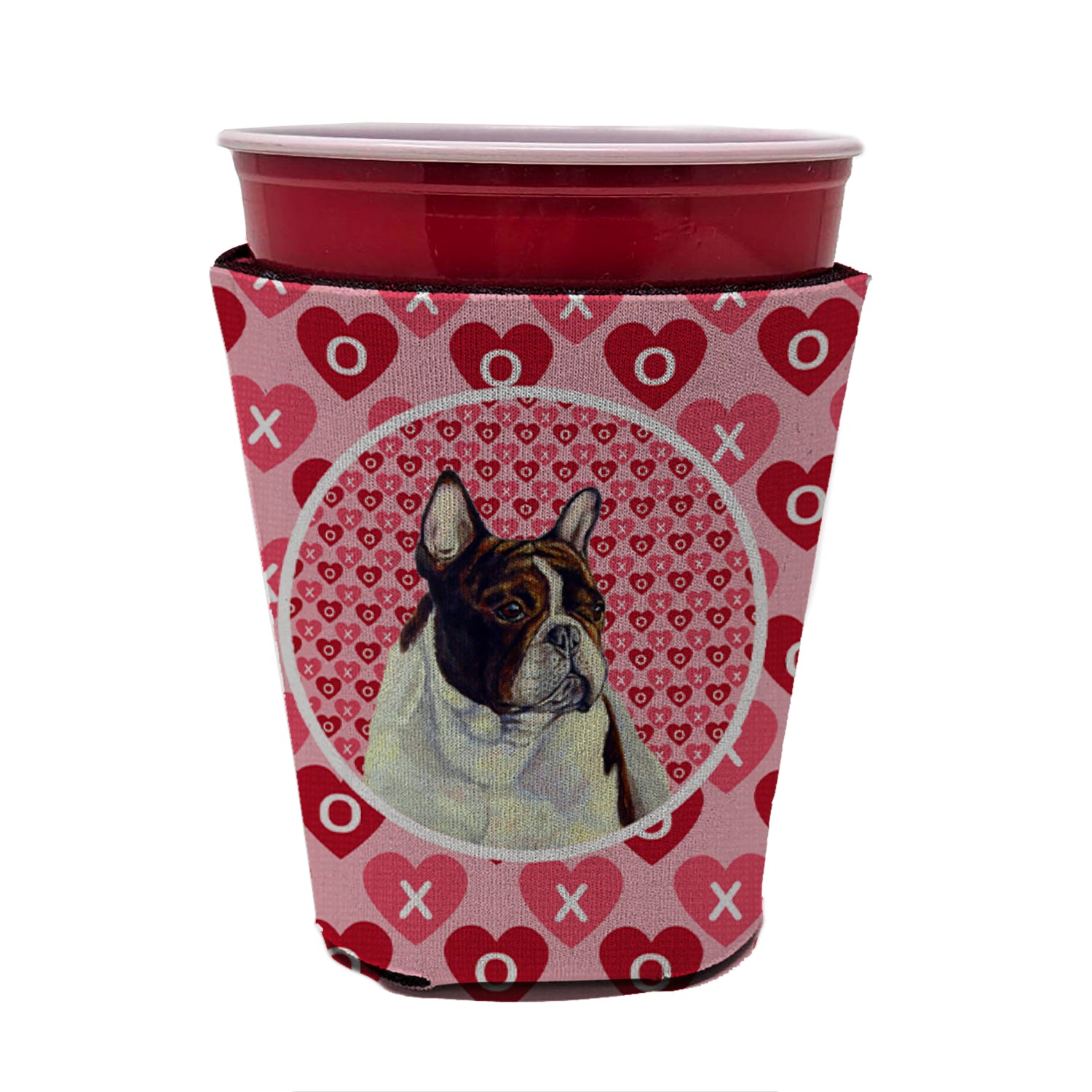 Bouledogue Français Valentine's Love and Hearts Red Solo Cup Beverage Insulator Hugger
