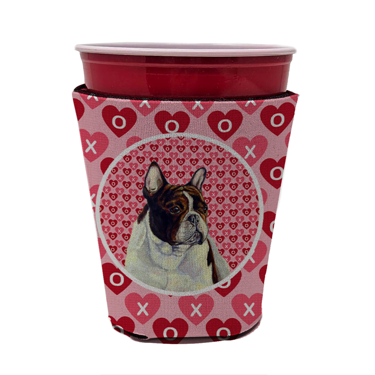 Bouledogue Français Valentine&#39;s Love and Hearts Red Solo Cup Beverage Insulator Hugger