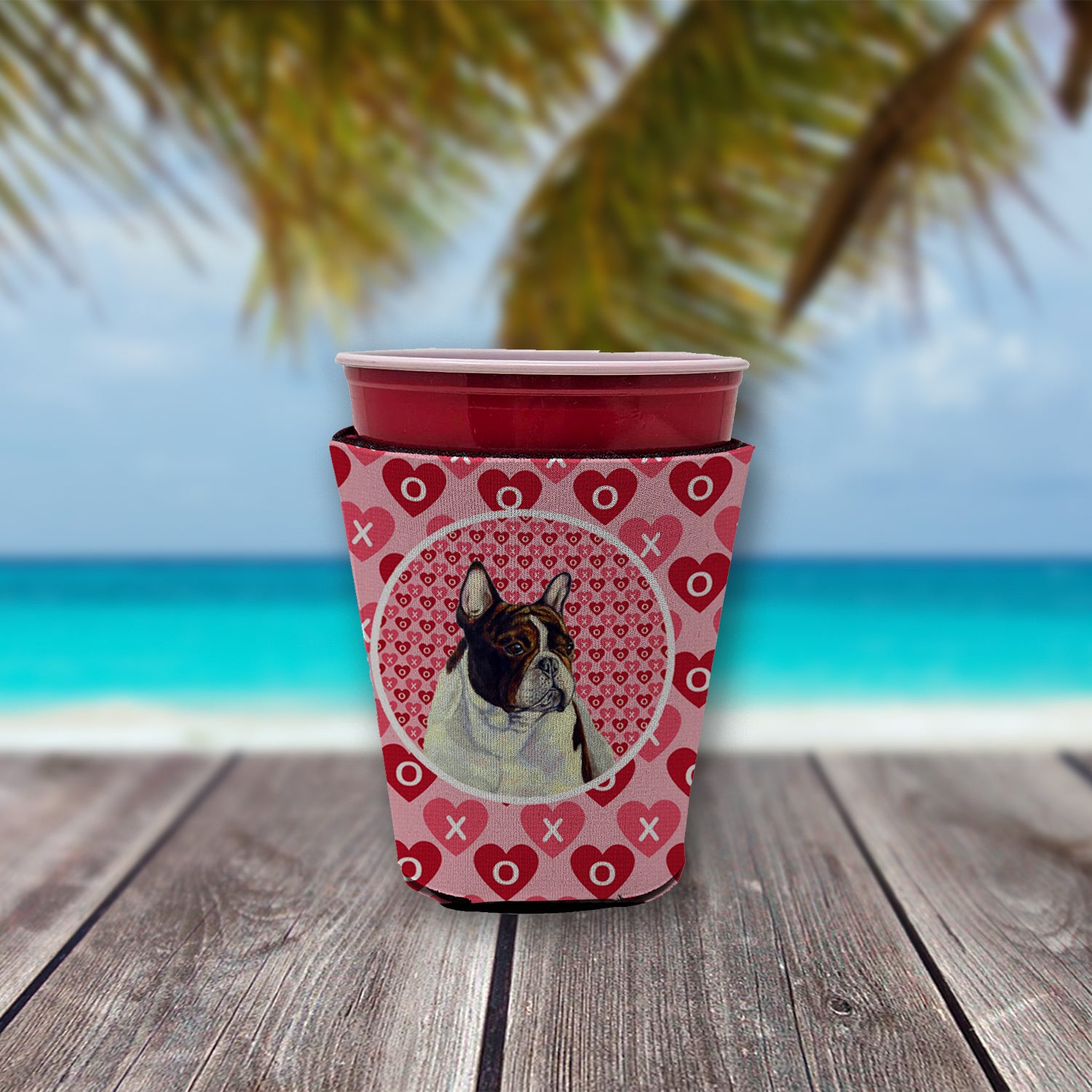Bouledogue Français Valentine's Love and Hearts Red Solo Cup Beverage Insulator Hugger