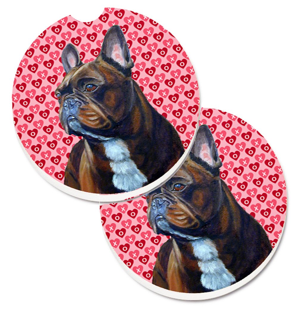 French Bulldog Hearts Love and Valentine&#39;s Day Portrait Set of 2 Cup Holder Car Coasters LH9160CARC by Caroline&#39;s Treasures