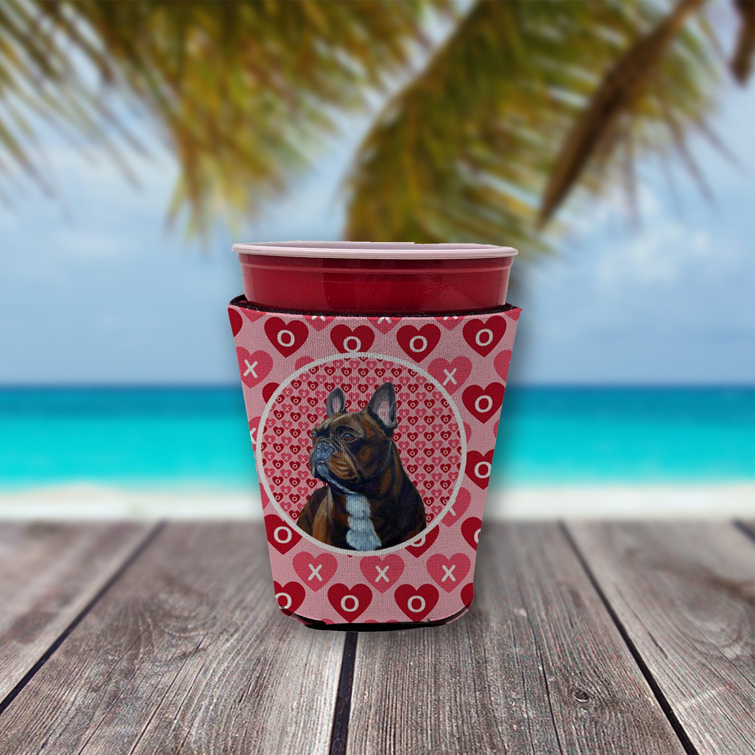 French Bulldog Valentine's Love and Hearts Red Cup Beverage Insulator Hugger