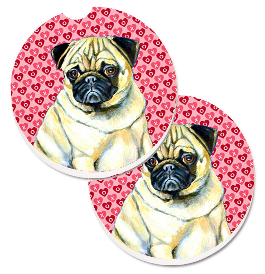 Pug Hearts Love and Valentine&#39;s Day Portrait Set of 2 Cup Holder Car Coasters LH9162CARC by Caroline&#39;s Treasures