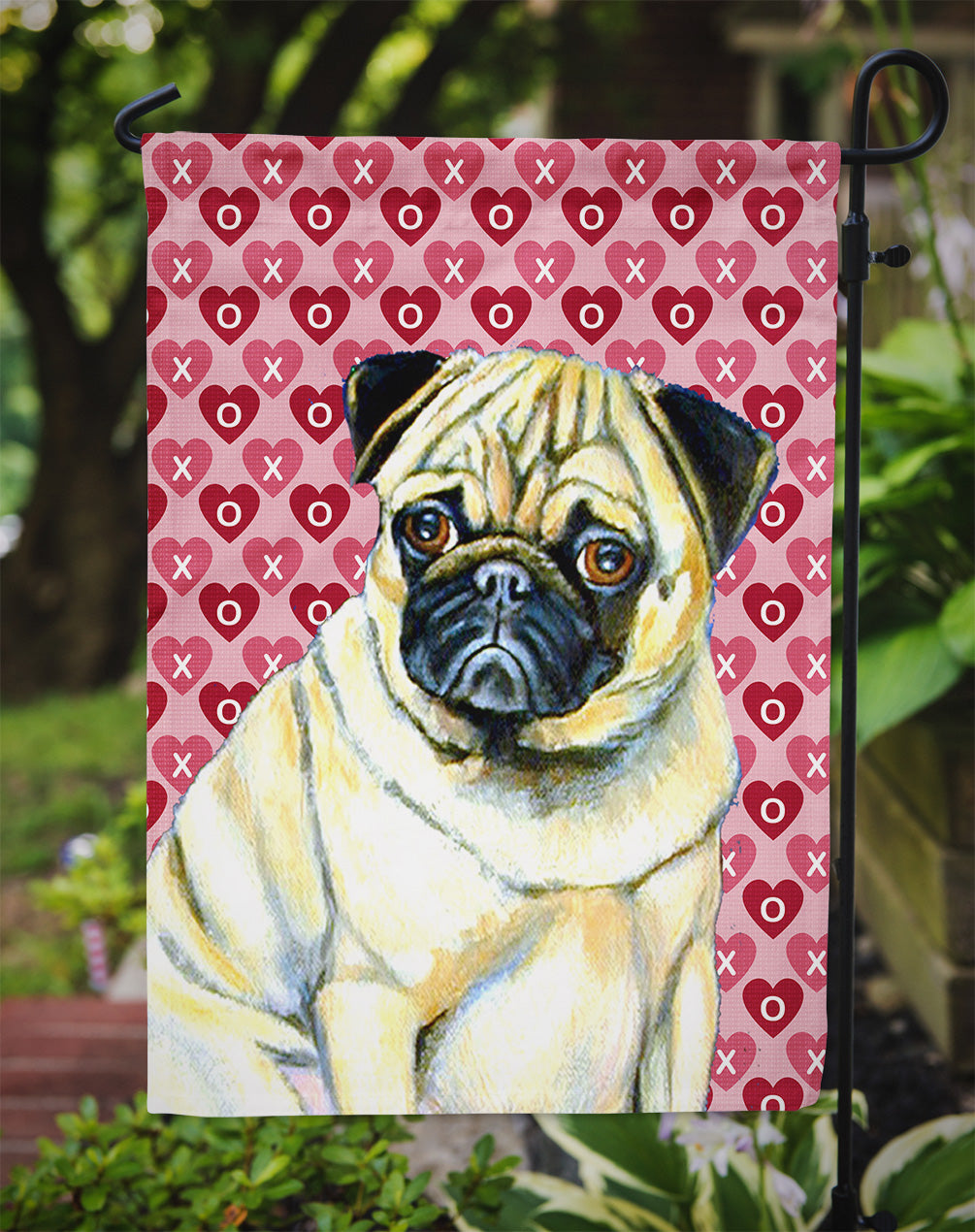 Pug Hearts Love and Valentine's Day Portrait Flag Garden Size.