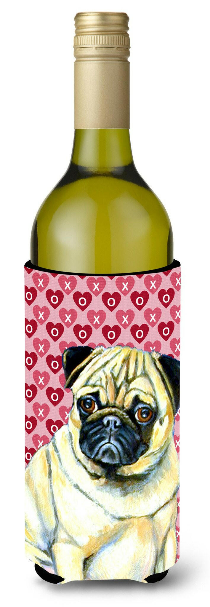 Pug Hearts Love and Valentine&#39;s Day Portrait Wine Bottle Beverage Insulator Beverage Insulator Hugger by Caroline&#39;s Treasures