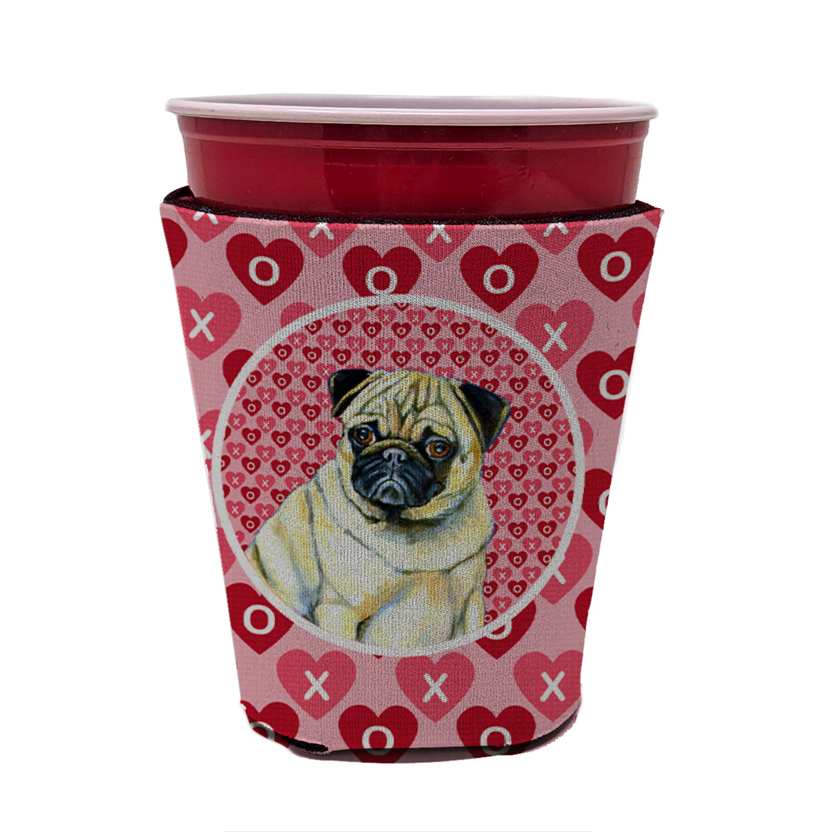 Pug Valentine&#39;s Love and Hearts Red Cup Beverage Insulator Hugger