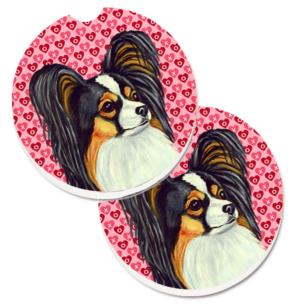Papillon Hearts Love and Valentine&#39;s Day Portrait Set of 2 Cup Holder Car Coasters LH9165CARC by Caroline&#39;s Treasures