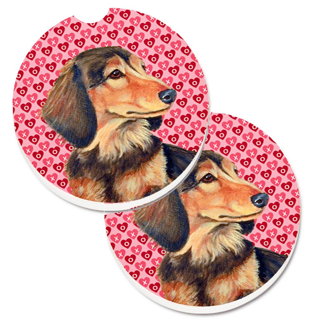 Dachshund Hearts Love and Valentine&#39;s Day Portrait Set of 2 Cup Holder Car Coasters LH9166CARC by Caroline&#39;s Treasures