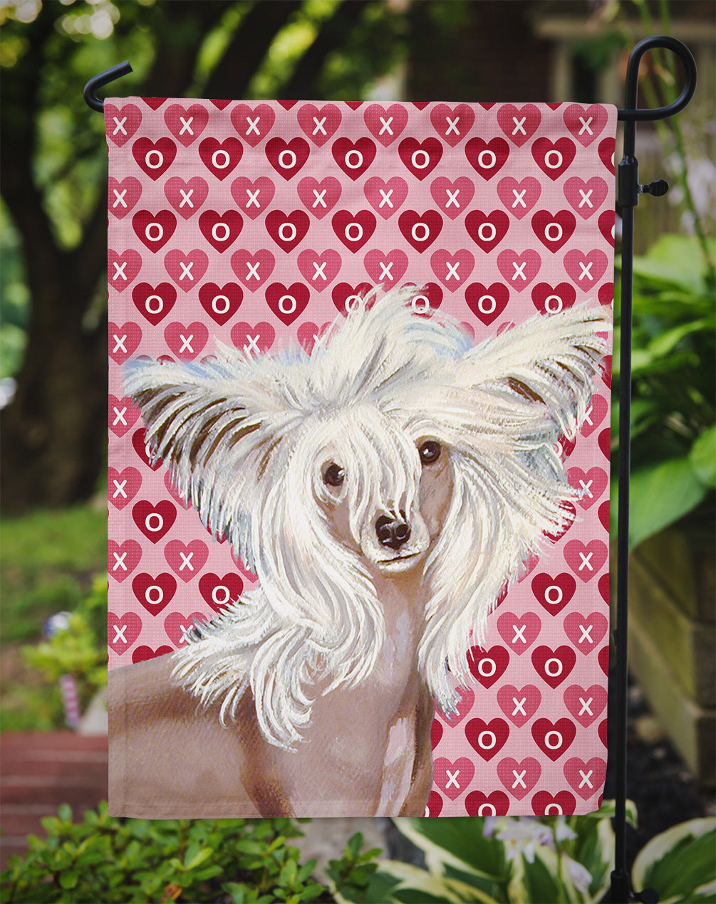 Chinese Crested Hearts Love and Valentine's Day Portrait Flag Garden Size.