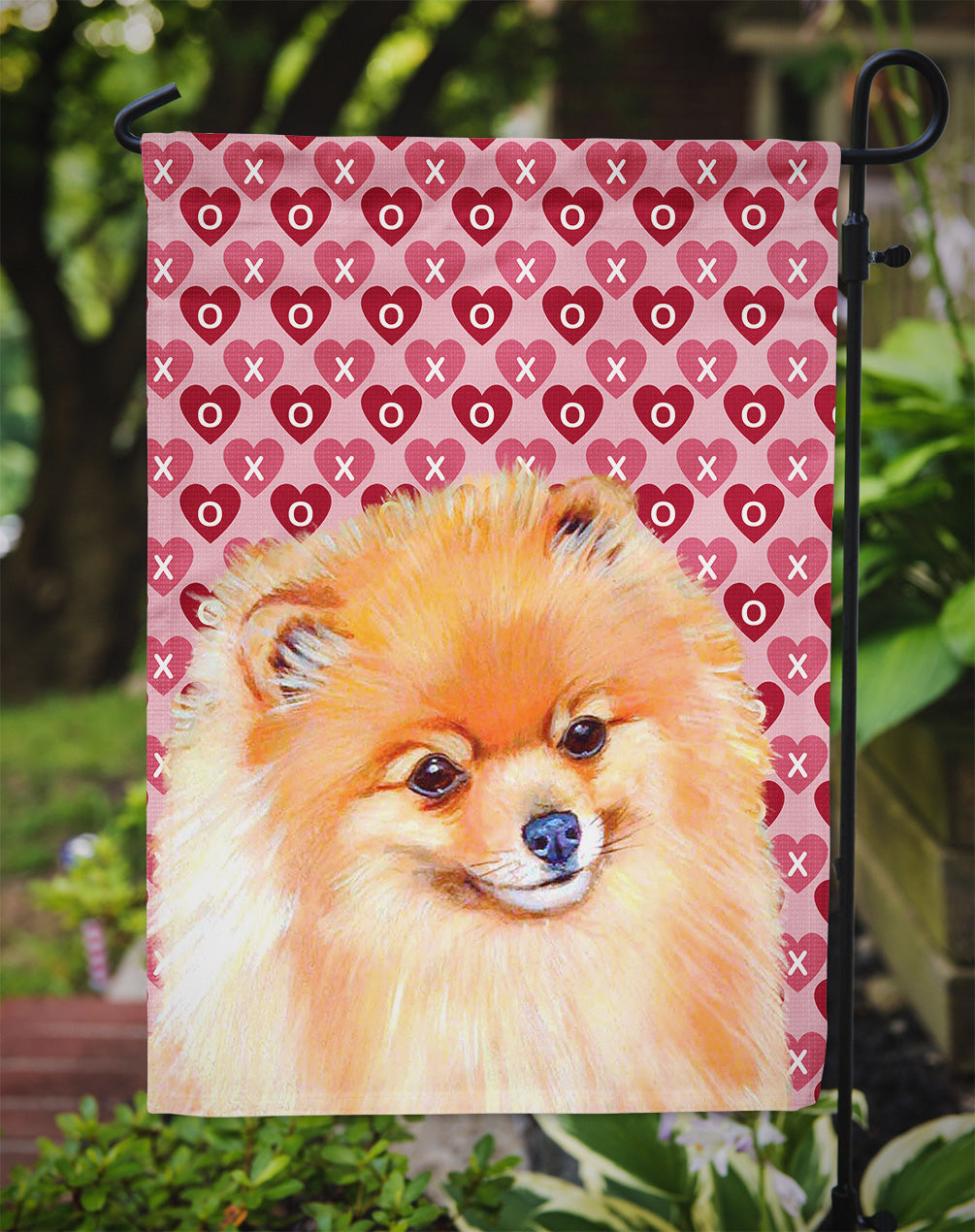 Pomeranian Hearts Love and Valentine's Day Portrait Flag Garden Size.