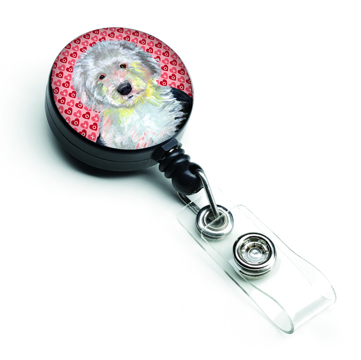 Old English Sheepdog Love Hearts Retractable Badge Reel or ID Holder with Clip.