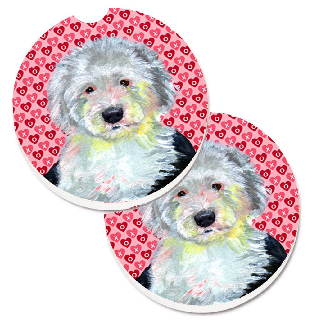 Old English Sheepdog Hearts Love and Valentine&#39;s Day Portrait Set of 2 Cup Holder Car Coasters LH9171CARC by Caroline&#39;s Treasures