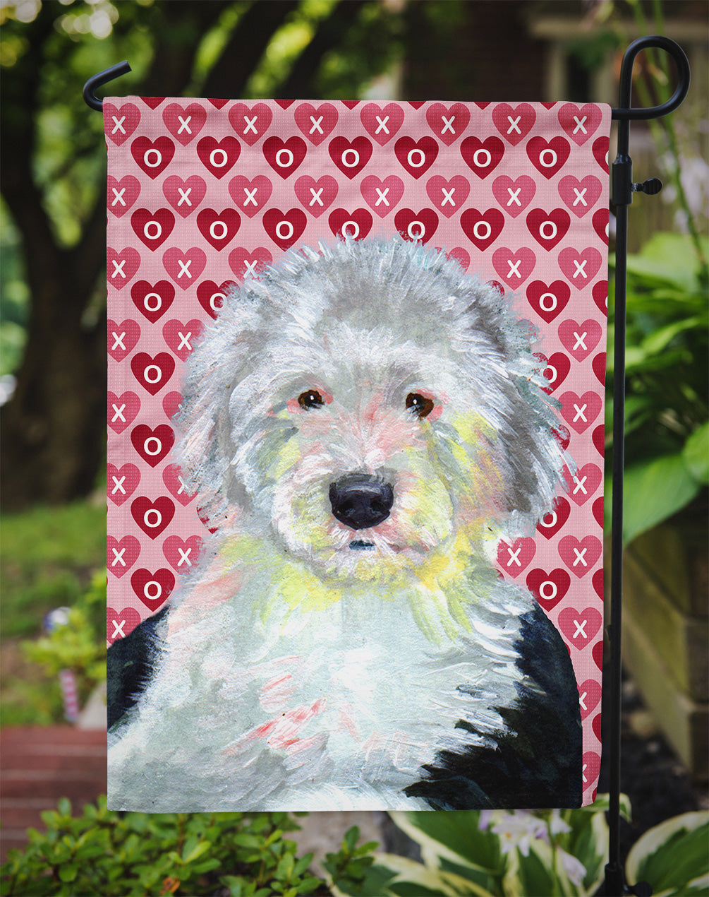 Old English Sheepdog Hearts Love and Valentine's Day Portrait Flag Garden Size.