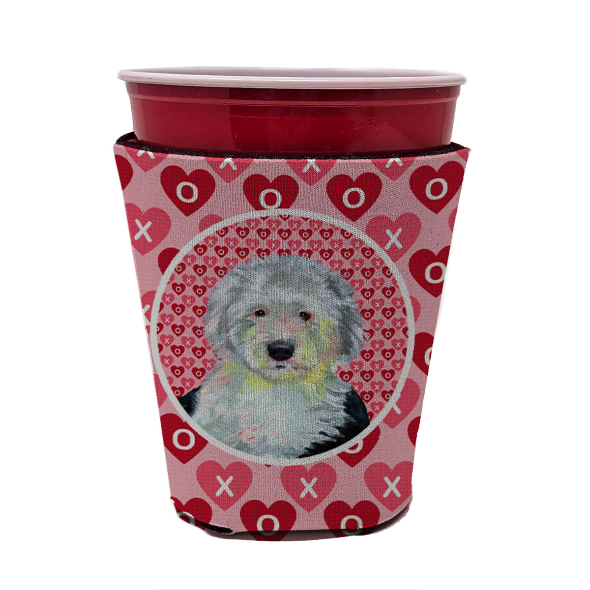 Old English Sheepdog Valentine&#39;s Love and Hearts Red Cup Beverage Insulator Hugger