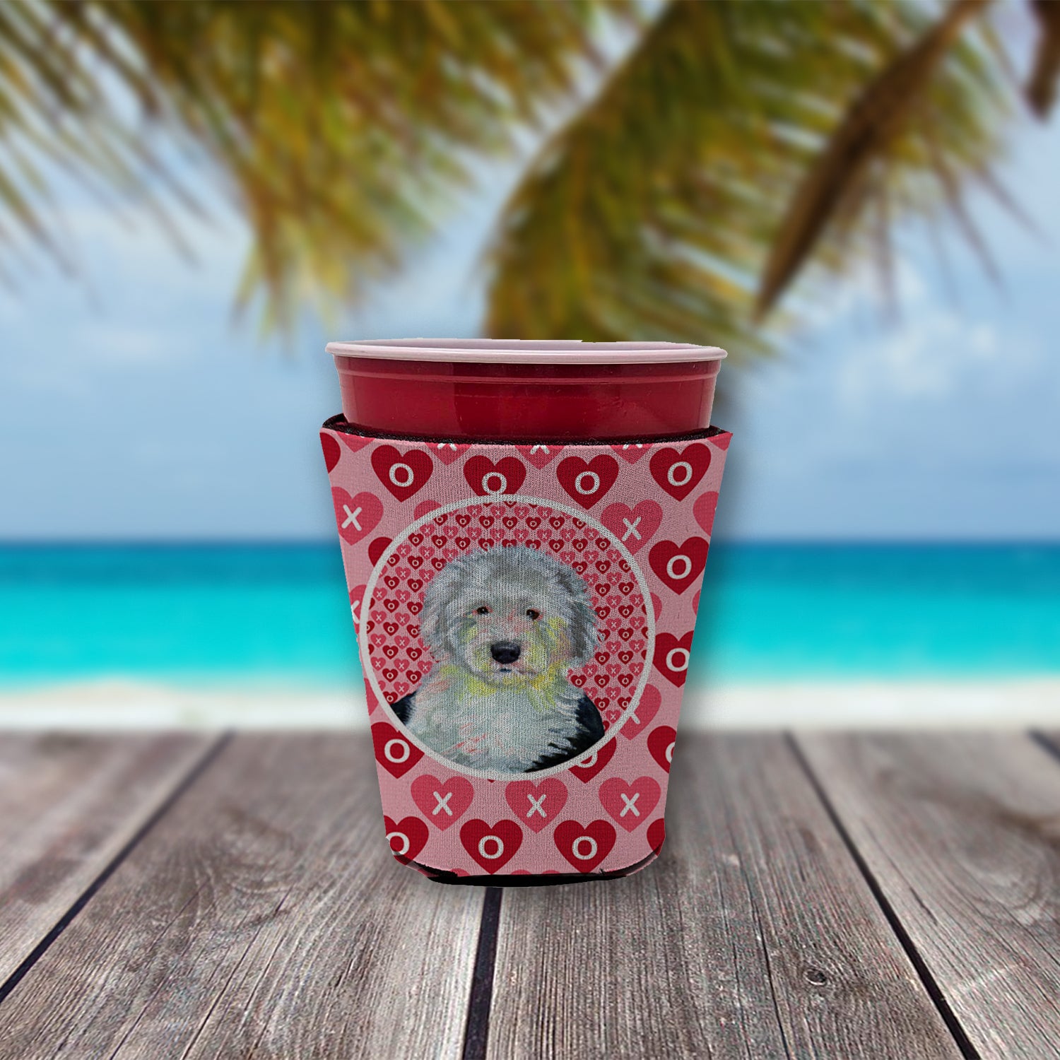 Old English Sheepdog Valentine's Love and Hearts Red Cup Beverage Insulator Hugger  the-store.com.