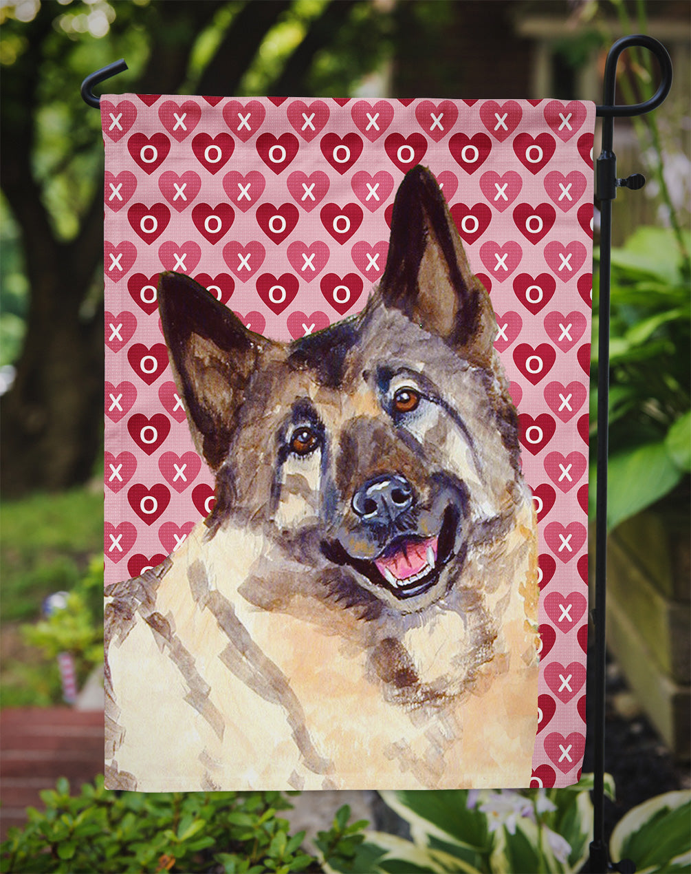 Norwegian Elkhound Hearts Love and Valentine's Day Portrait Flag Garden Size