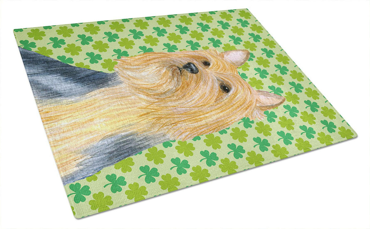 Silky Terrier St. Patrick&#39;s Day Shamrock Portrait Glass Cutting Board Large by Caroline&#39;s Treasures