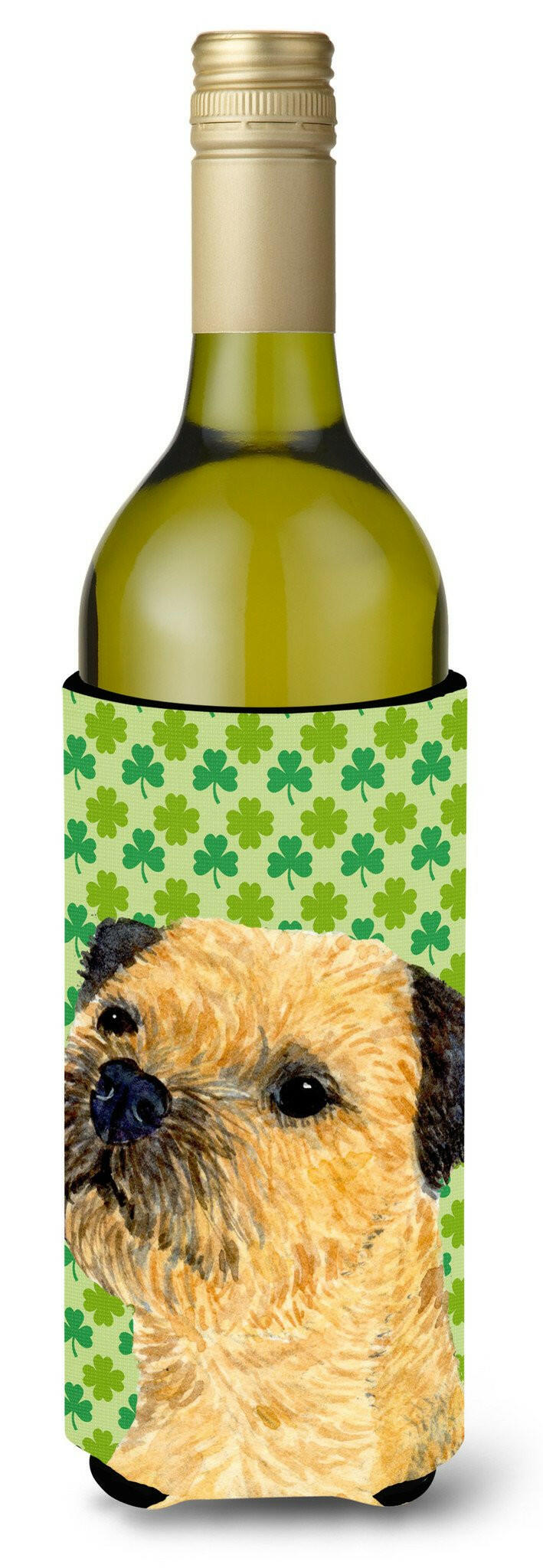 Border Terrier St. Patrick's Day Shamrock Portrait Wine Bottle Beverage Insulator Beverage Insulator Hugger by Caroline's Treasures