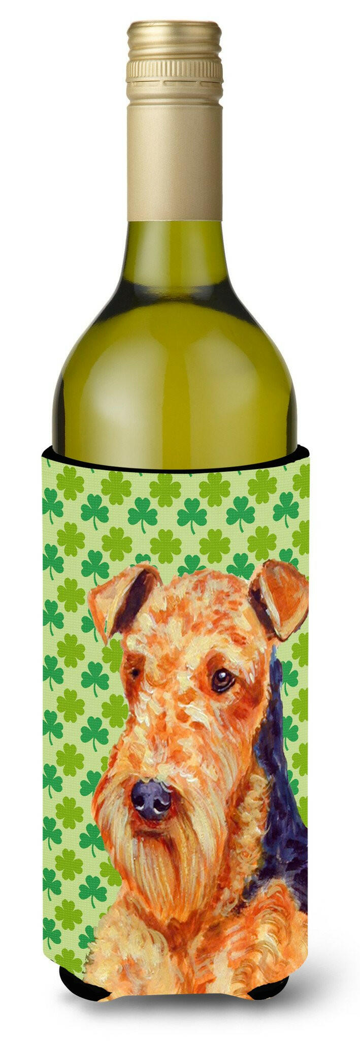 Airedale St. Patrick&#39;s Day Shamrock Portrait Wine Bottle Beverage Insulator Beverage Insulator Hugger by Caroline&#39;s Treasures