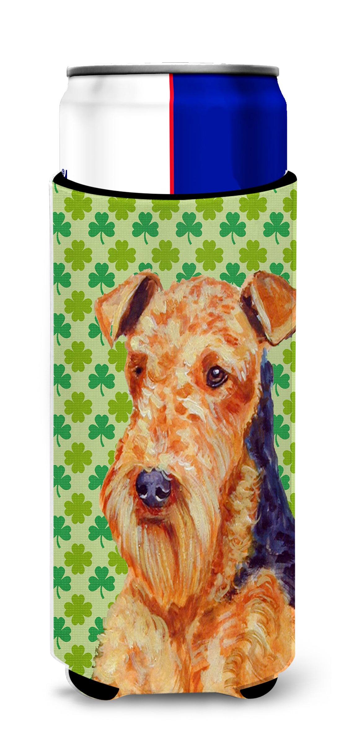 Airedale St. Patrick's Day Shamrock Portrait Ultra Beverage Insulators for slim cans LH9201MUK.