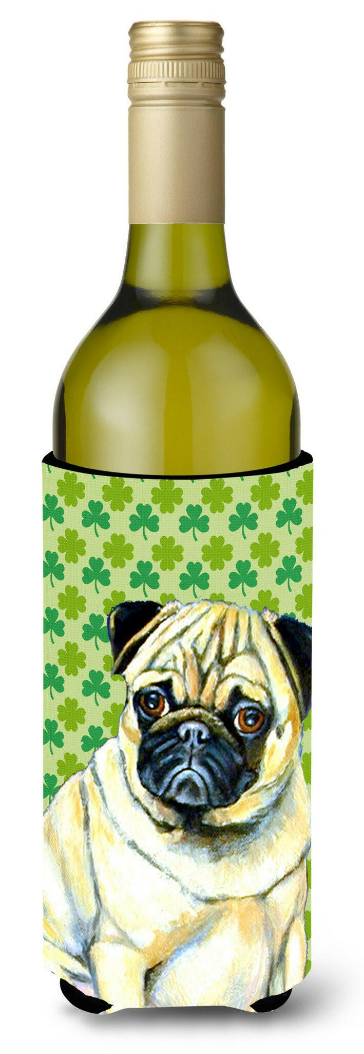 Pug St. Patrick&#39;s Day Shamrock Portrait Wine Bottle Beverage Insulator Beverage Insulator Hugger by Caroline&#39;s Treasures