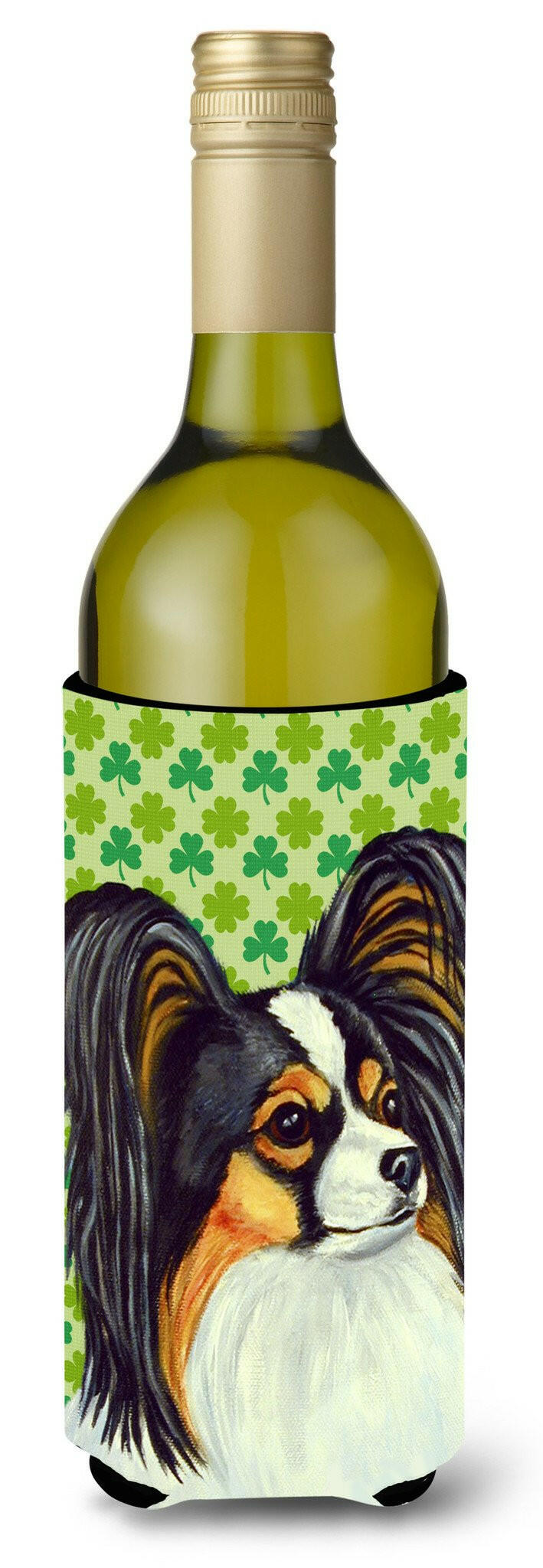 Papillon St. Patrick&#39;s Day Shamrock Portrait Wine Bottle Beverage Insulator Beverage Insulator Hugger by Caroline&#39;s Treasures