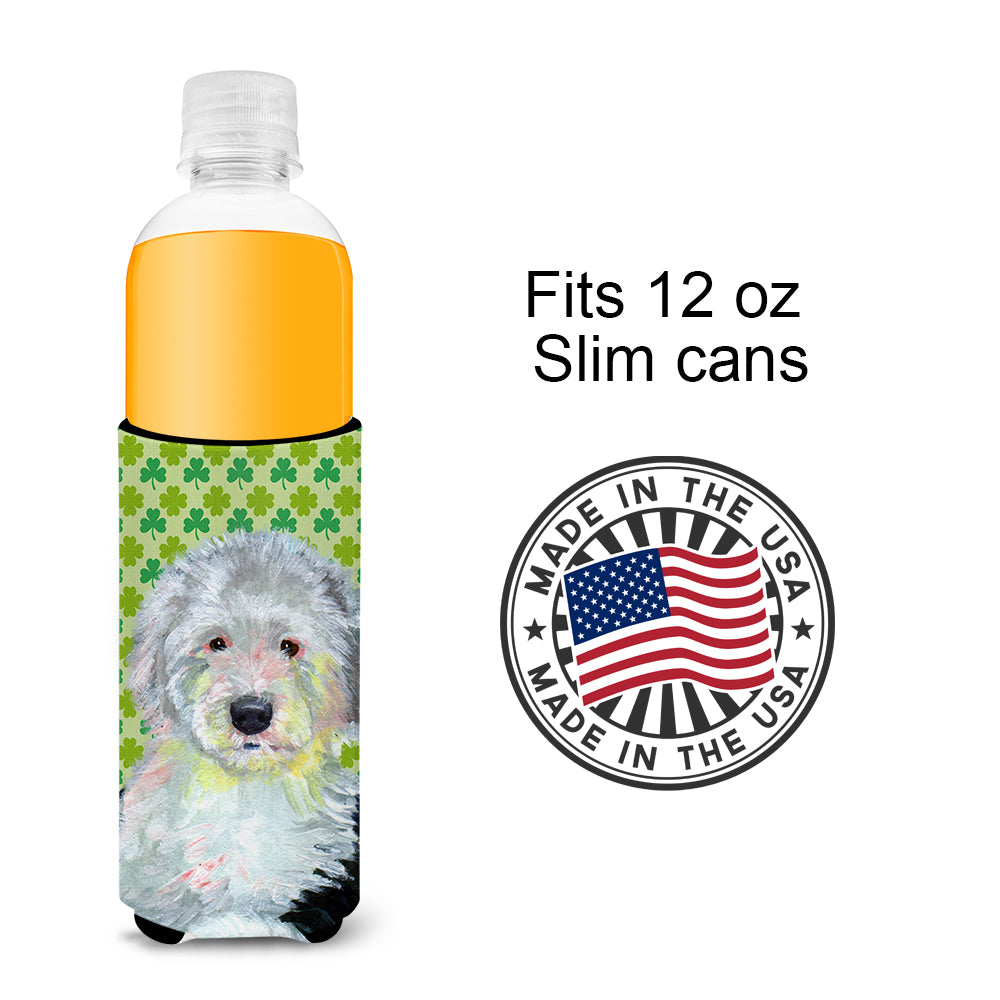 Old English Sheepdog St. Patrick's Day Shamrock Portrait Ultra Beverage Insulators for slim cans LH9216MUK.