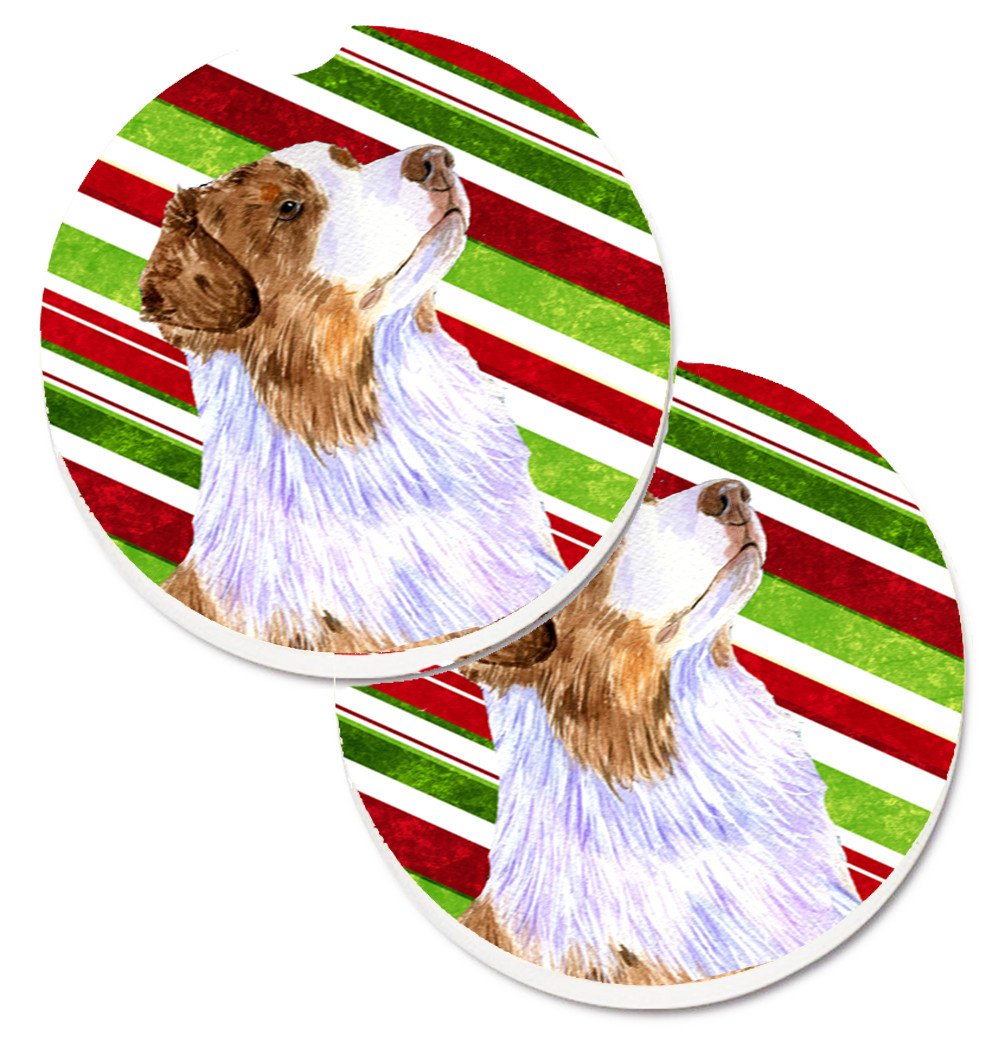 Australian Shepherd Candy Cane Holiday Christmas Set of 2 Cup Holder Car Coasters LH9228CARC by Caroline&#39;s Treasures