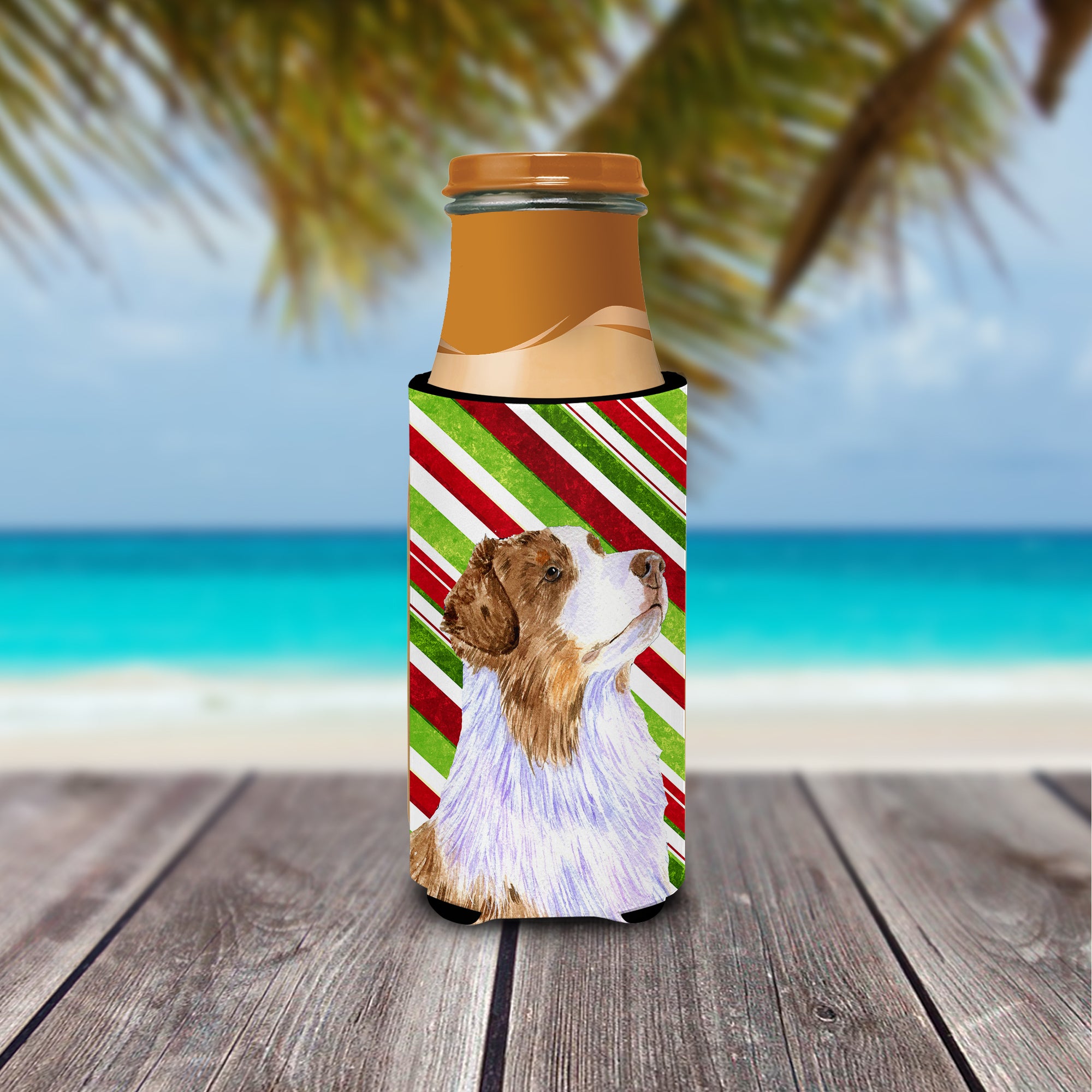 Australian Shepherd Candy Cane Holiday Christmas Ultra Beverage Insulators for slim cans LH9228MUK.